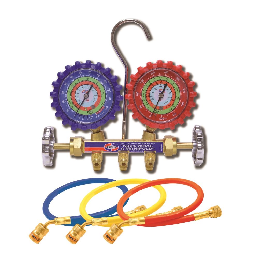Uniweld A/C Manifold Gauge Set With 5' Hoses - Compatible With R410A, R22, R404A Refrigerants